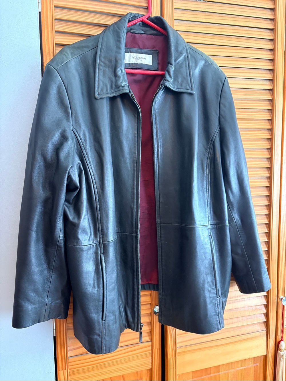 Liz Claiborne Black Leather Jacket with Burgundy Lining